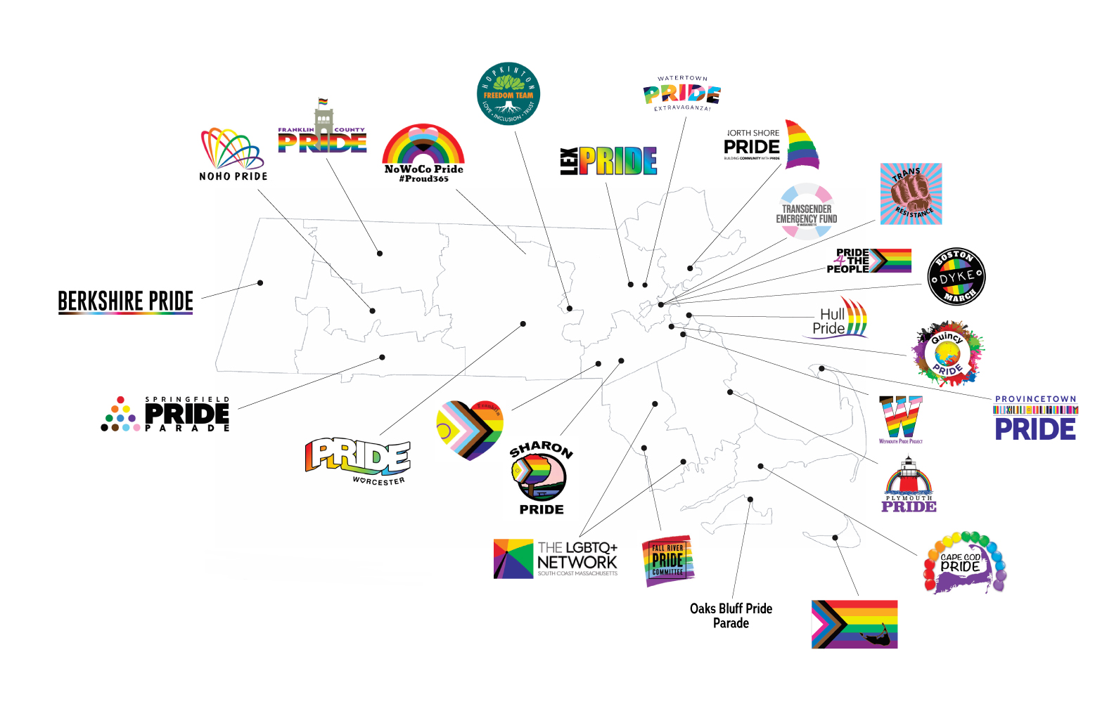 A map of Pride organizations across the state of MA
